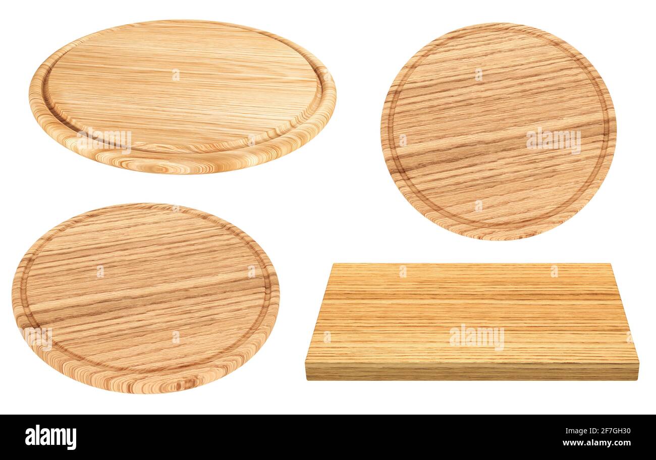 Wooden plate set isolated on white background. 3D Illustration Stock