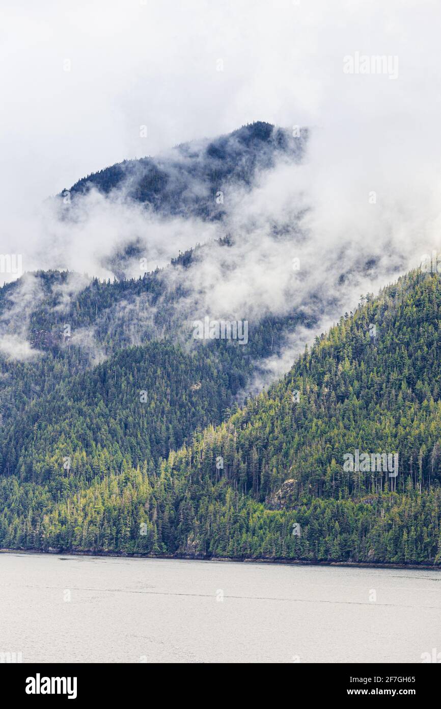 The Inside Passage in the Johnstone Strait at the northern end of Vancouver Island, British Columbia, Canada - Viewed from a cruise ship. Stock Photo