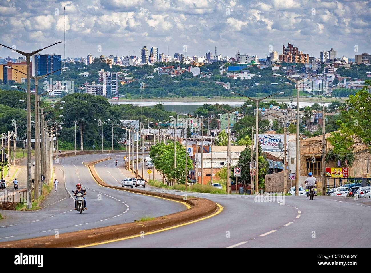 View over the city Encarnacion and the Parana River / Río Paraná, Itapúa, Paraguay Stock Photo