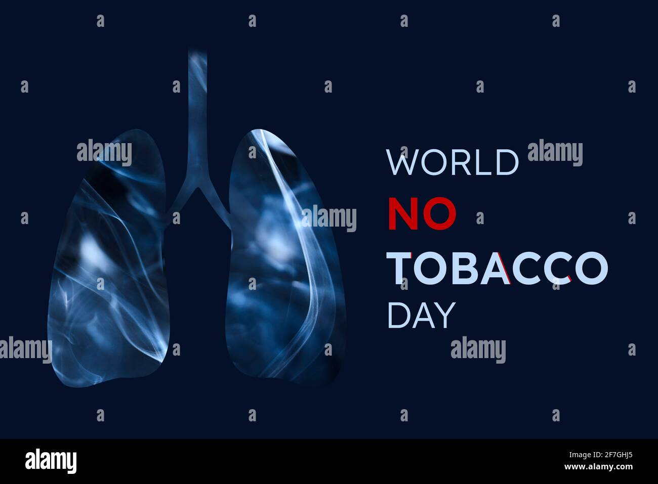 Smoker lungs, full of smoke. horizontal image with dark blue background and text World No Tobacco Day. Concepts of quitting smoking and health. Stock Photo