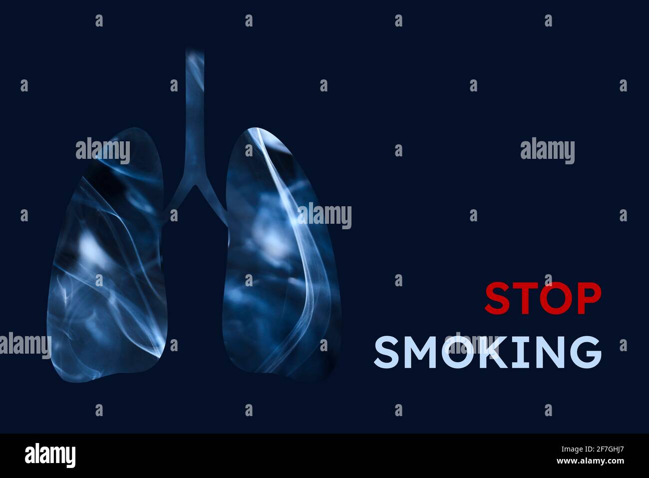 Smoker lungs, full of smoke. Horizontal image with dark blue background and text Stop Smoking. Concepts of World No Tobacco Day, quitting smoking and Stock Photo