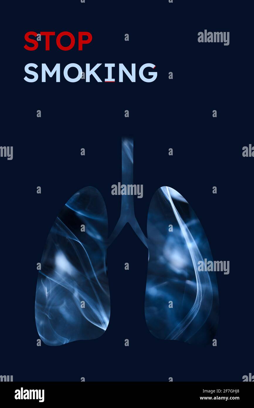 Smoker lungs, full of smoke. Vertical image with dark blue background and text Stop Smoking. Concepts of World No Tobacco Day, quitting smoking and he Stock Photo