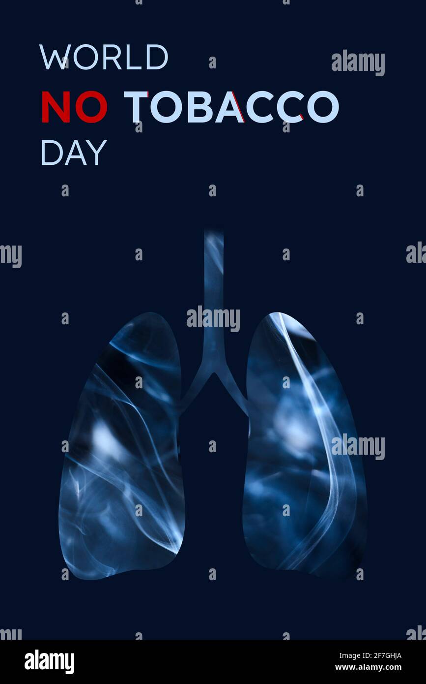 Smoker lungs, full of smoke. Vertical image with dark blue background and text World No Tobacco Day. Concepts of quitting smoking and health. Stock Photo