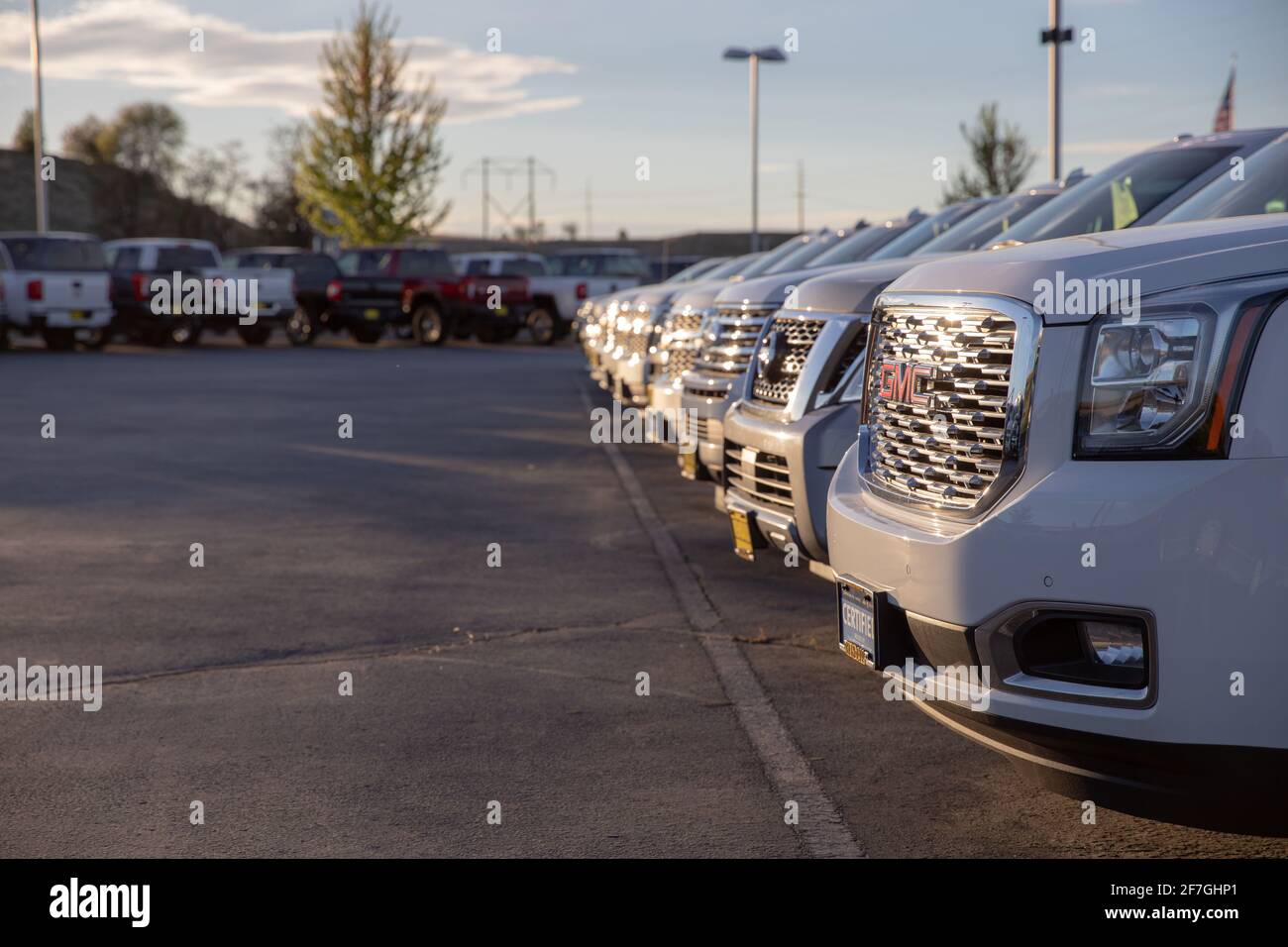 NAMPA, IDAHO APRIL 28, 2020 Row of GMC vehicles ready and waiting