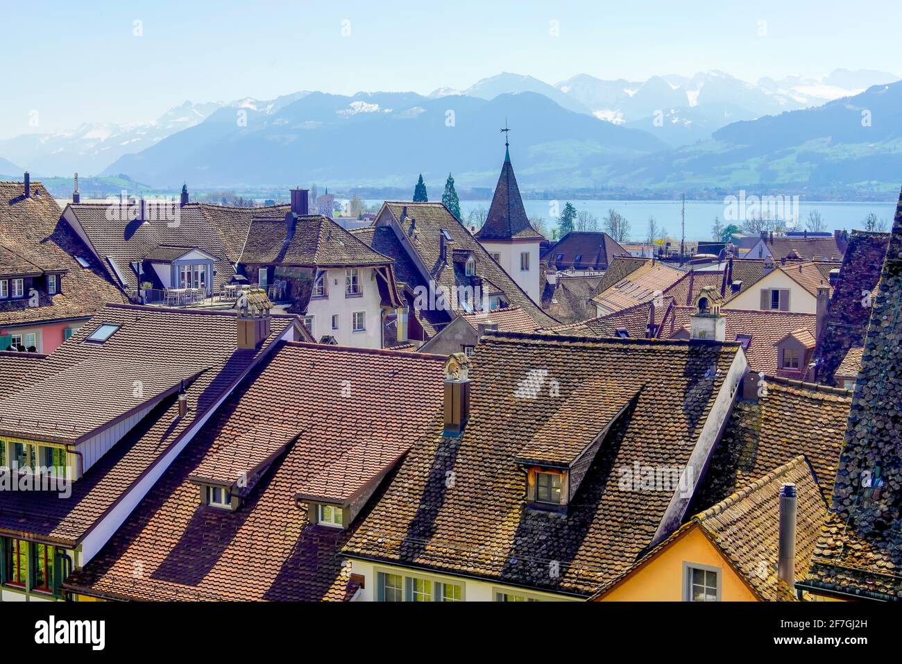 View of Rapperswil and Alpine landscape. Rapperswil-Jona, Canton of St. Gallen, Switzerland. Stock Photo