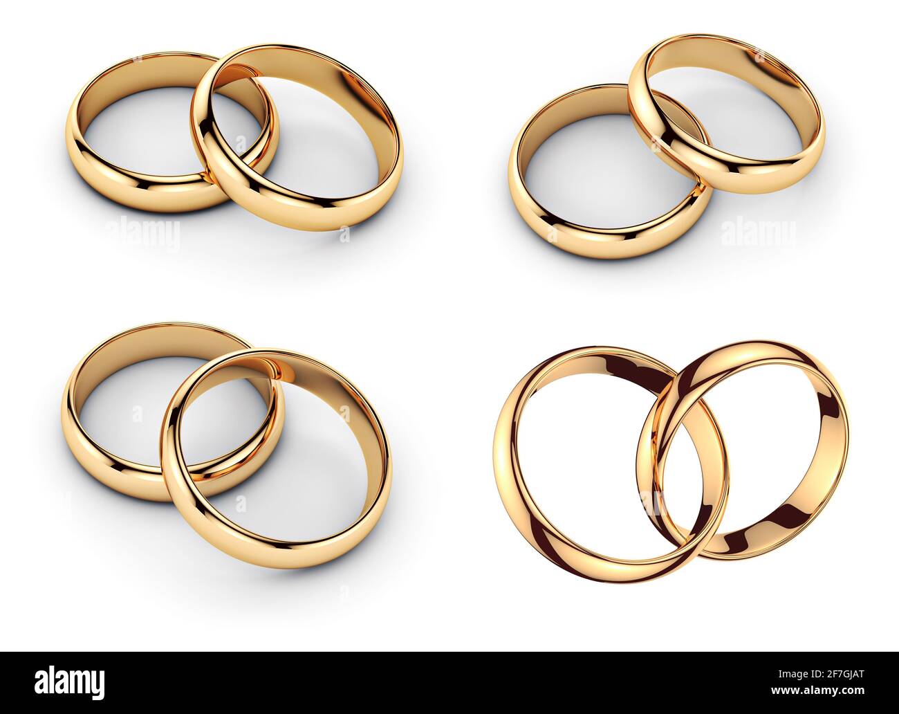 Gold wedding rings pair set on white. 3D Illustration Stock Photo