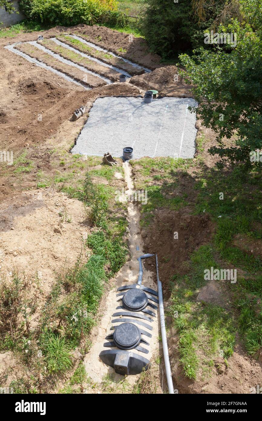 Aerial view  of a new 4000 litre domestic septic tank with primary and secondary sand and gravel filter beds during installation showing the exposed t Stock Photo