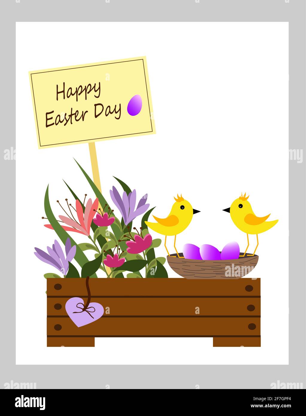 Flower box with flowers, birds and a nest.  Stock Vector