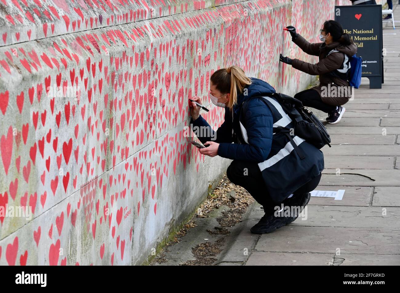 National Covid Memorial Wall, Around 130,000 hearts have been painted on a kilometre long section of wall opposite the Houses of Parliament as a memorial to those who have died from Coronavirus. St Thomas' Hospital, Westminster, London. UK Stock Photo