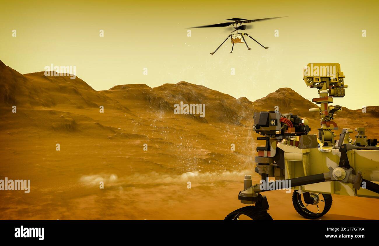 The Ingenuity drone-helicopter has separated from the Perseverance rover on Mars and prepares for its first flight. 3d render. Nasa Stock Photo
