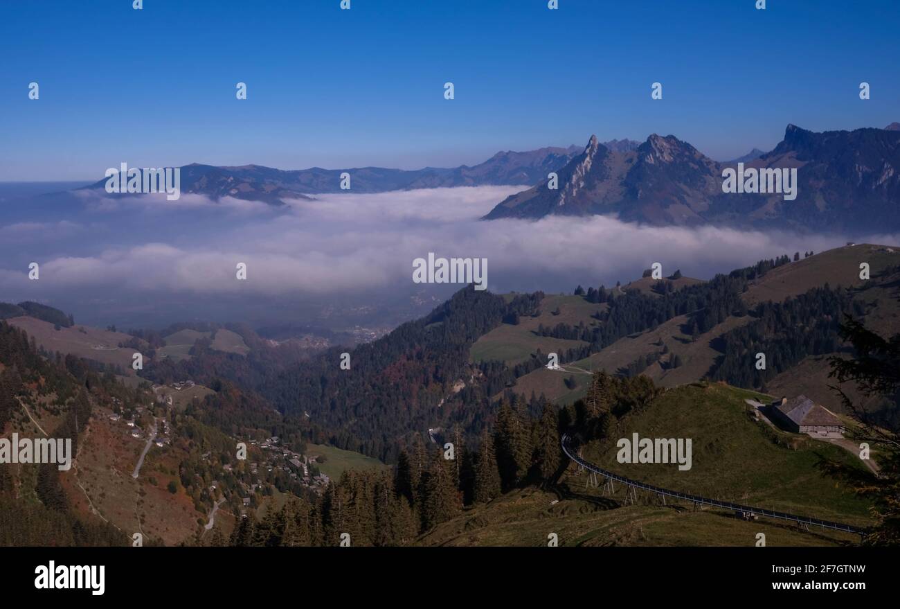 Landscape view of the Moleson mountains with its meadows and forests, shot in Moleson,Fribourg,Switzerland Stock Photo