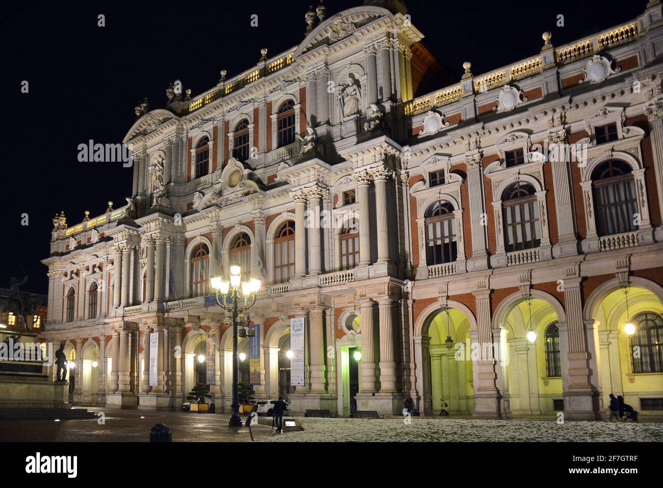 Turin, Piedmont/Italy -04/20/2019- Turin Carlo Alberto of Savoy square and the Carignano Palace, site of Risorgimento Museum by night Stock Photo