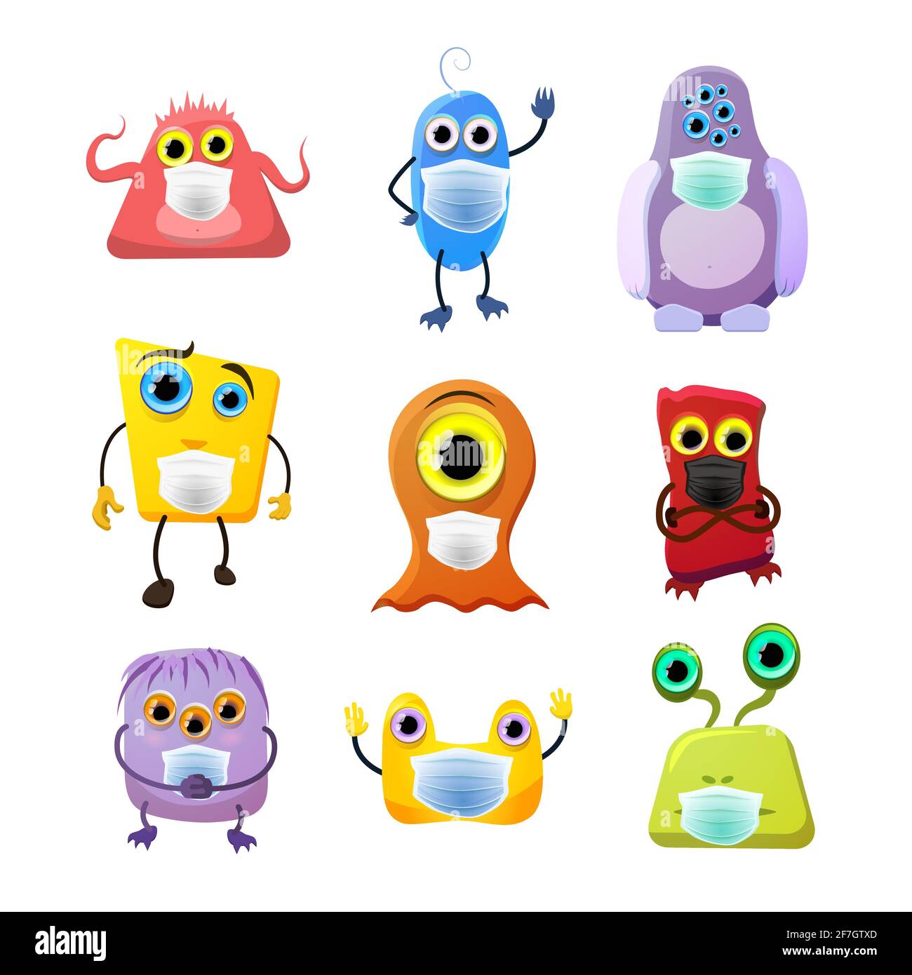 Set of cute monsters, childish cartoon characters wear masks to protect from COVID on white