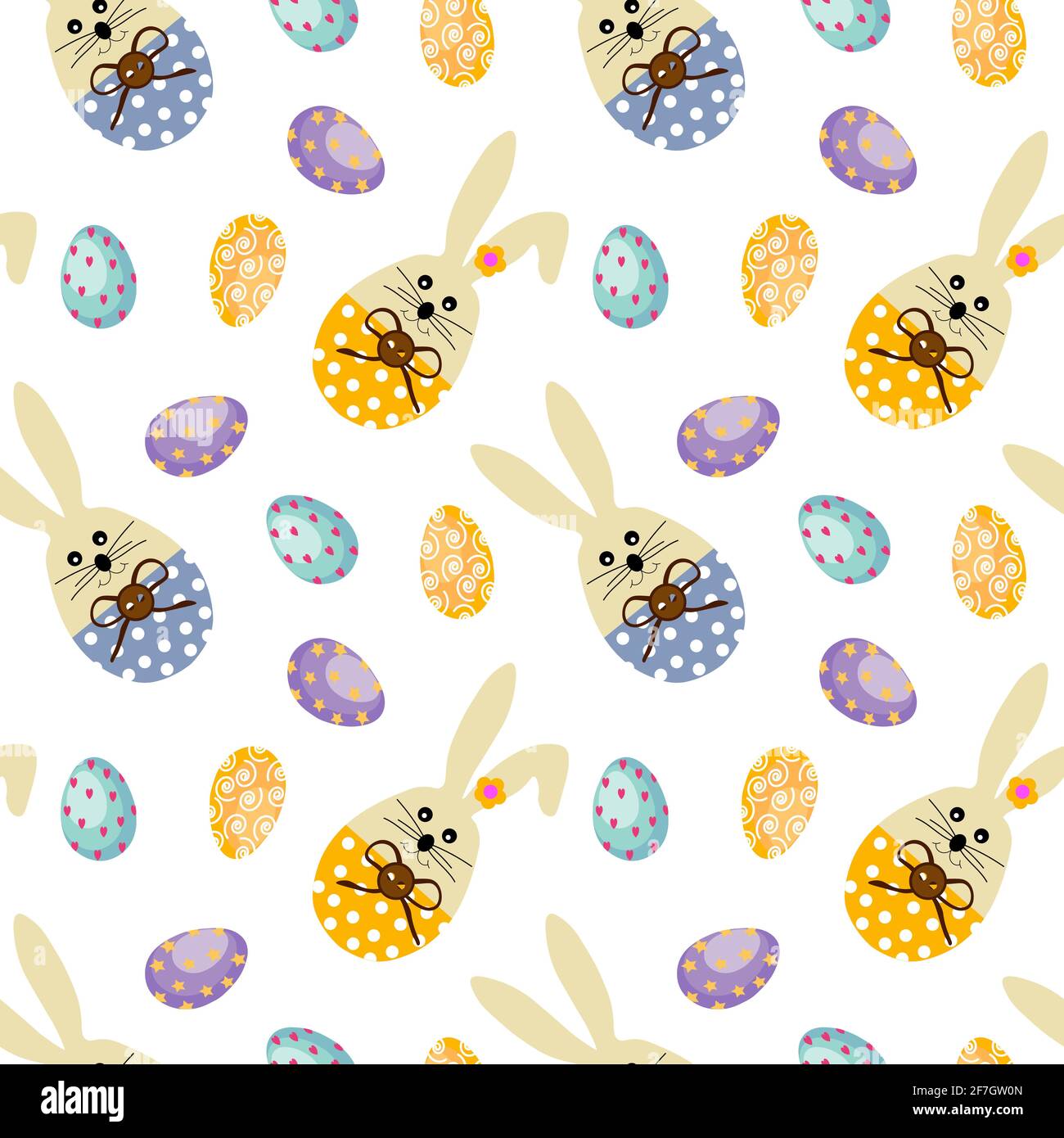 Pattern with cartoon Easter bunnies and flowers.  Stock Vector