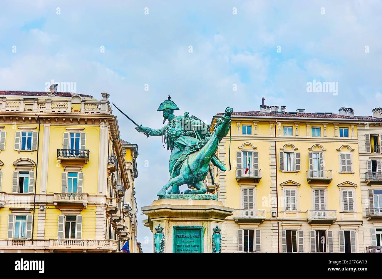 The masterpiece bronze equestrian statue of Ferdinand of Savoy, located in Piazza Solferino Square, Turin, Italy Stock Photo