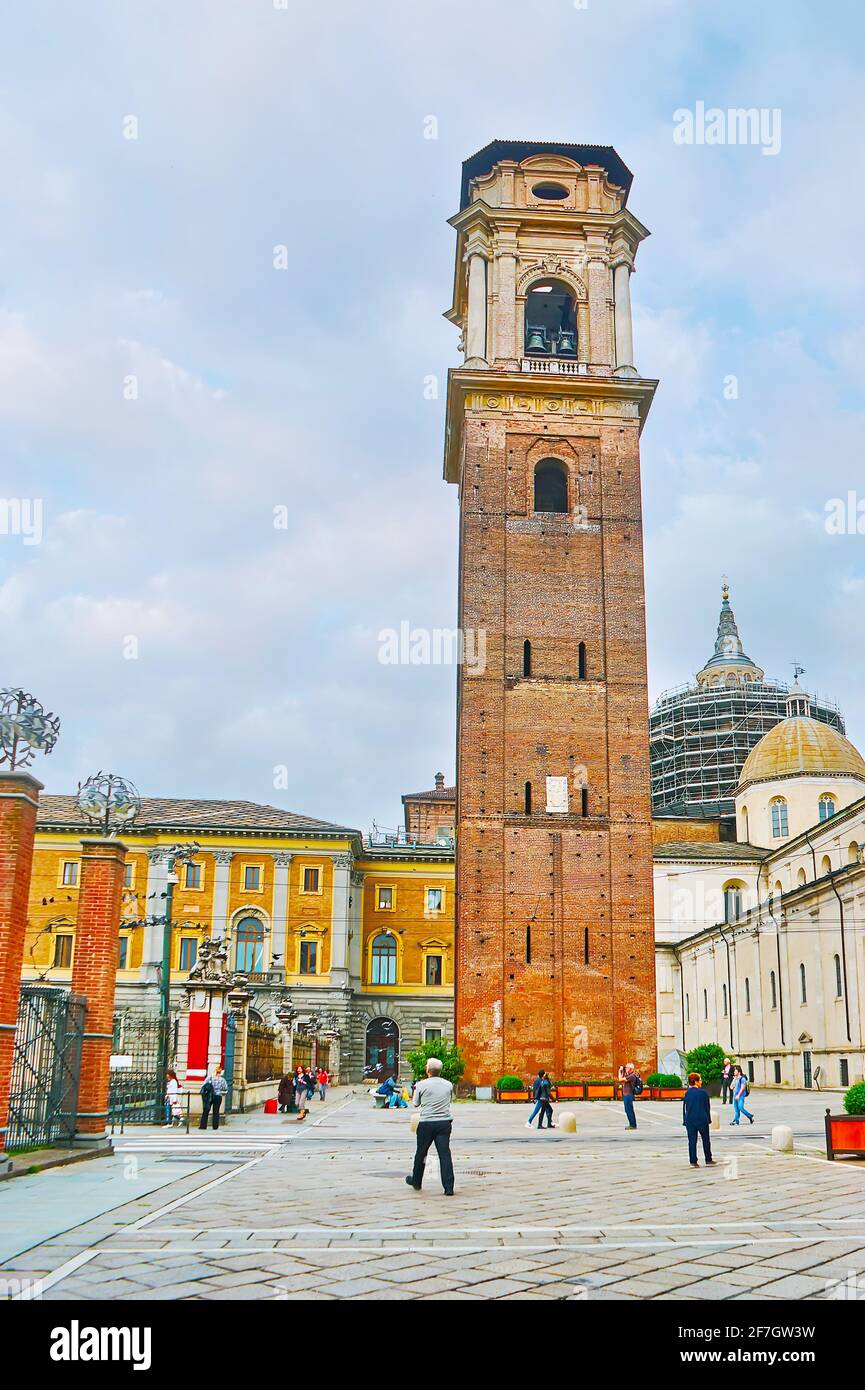 TURIN, ITALY - May 9, 2012: The Campanile (bell tower) of the St John the Baptist Cathedral (Duomo di Torino), Piazza San Giovanni, on May 9 in Turin Stock Photo