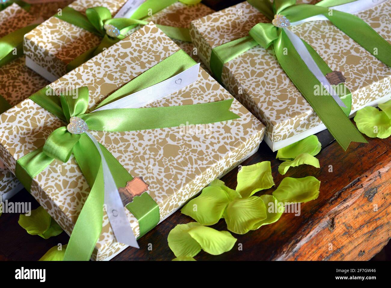 Close up of wedding favors and nuptial gifts Stock Photo