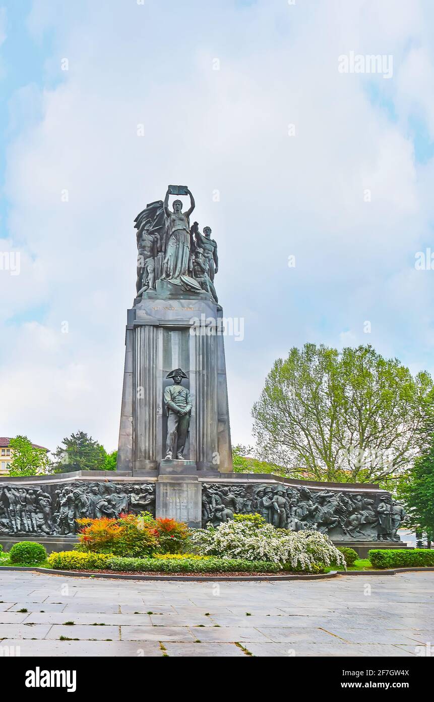 The National Monument to Policeman (Monumento al Carabiniere), located in Royal Gardens of Turin, Italy Stock Photo