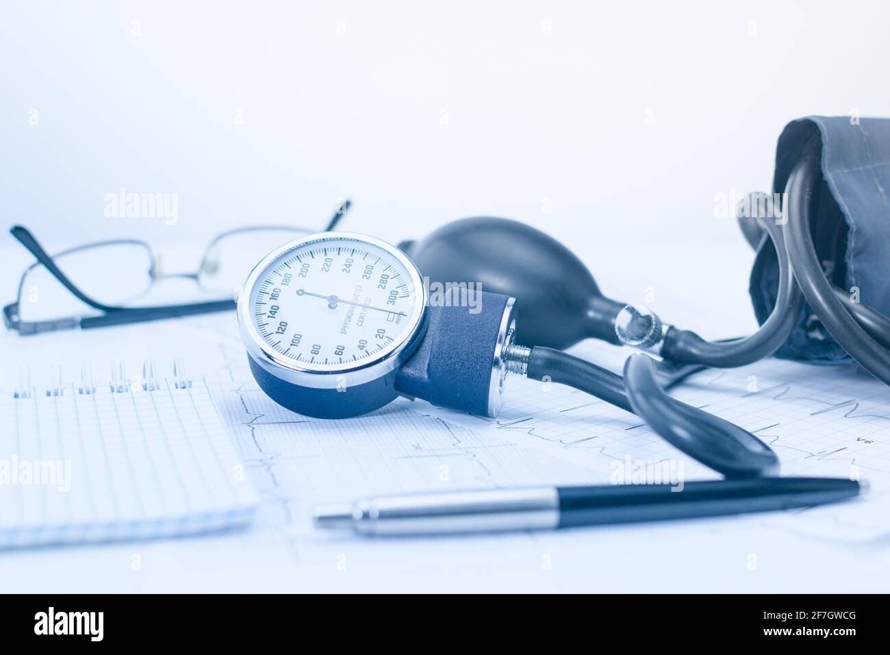 Sphygmomanometer on the working table of a cardiologist. Tonometer