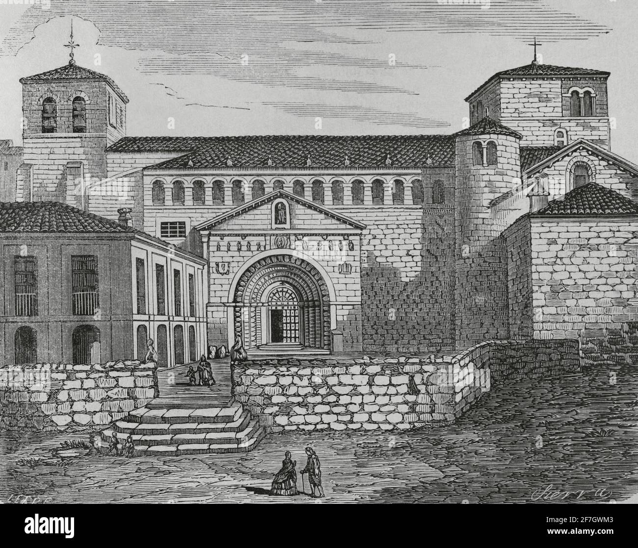 Spain, Santillana del Mar. Collegiate Church of Santa Juliana. Romanesque style, 12th century. Illustration by Letre. Engraving by Sierra. Crónica General de España, Historia Ilustrada y Descriptiva de sus Provincias. Castilla-La Vieja, 1870. Stock Photo