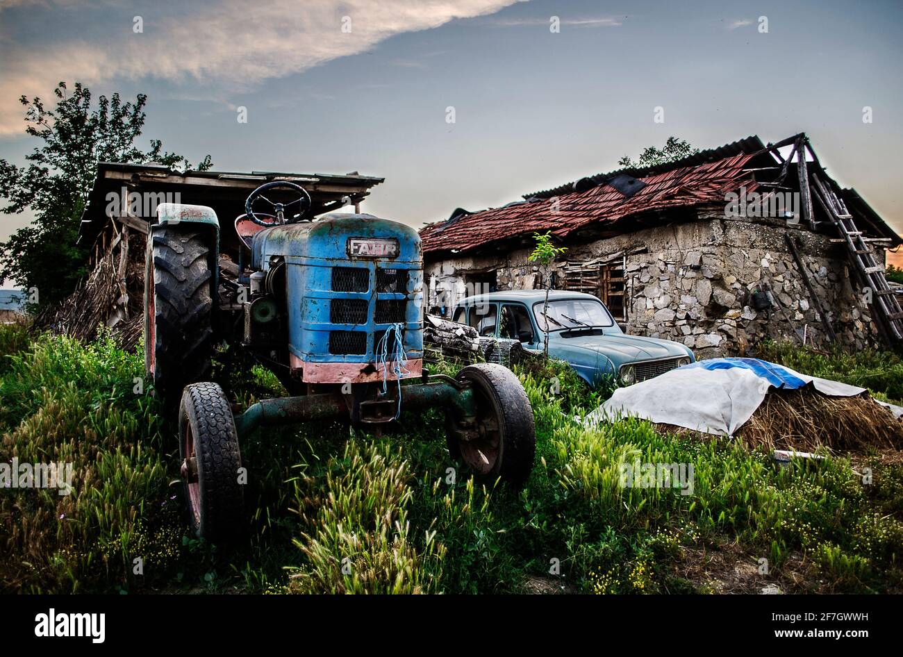 Old agricultural wheeled tractor Deutz-Fahr abandoned in the grass Stock Photo