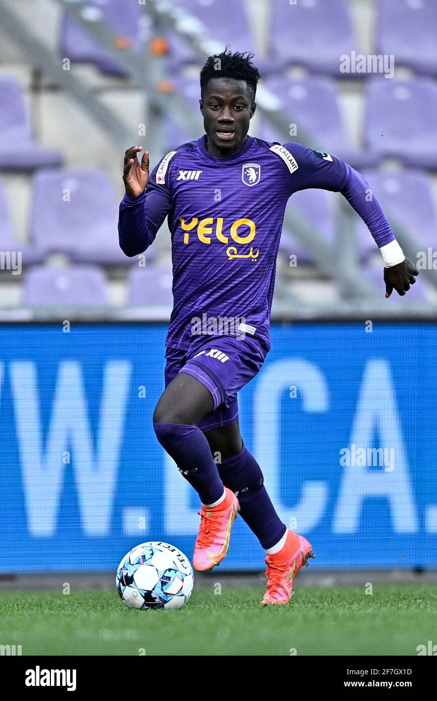 Beerschot's Abdoulie Sanyang pictured in action during a postponed soccer match between Beerschot VA and Sporting Charleroi, Wednesday 07 April 2021 i Stock Photo