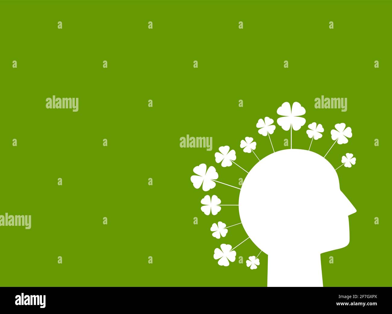 Green eco poster or placard. Human head with clover leaves. Ecology, eco friendly, ethic business, environment, organic, Earth Day placard. Go green c Stock Vector