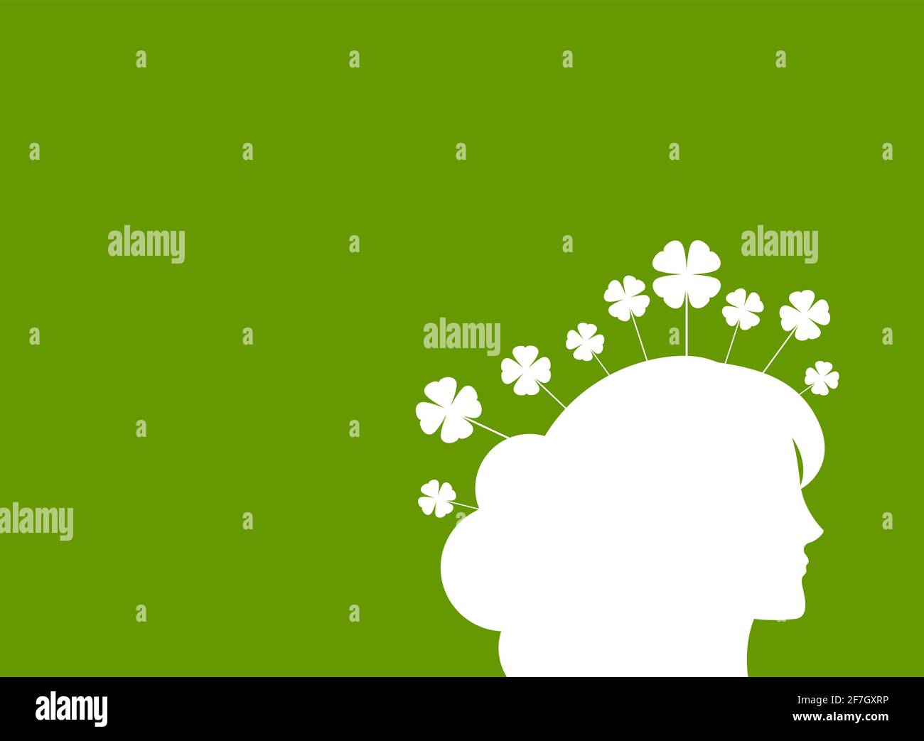 Green eco poster or placard. Woman head with clover leaves. Ecology, eco friendly, ethic business, environment, organic, Feminity placard. Go green co Stock Vector