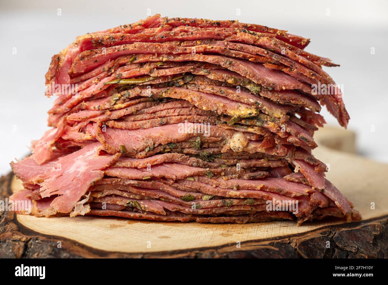 stack of sliced pastrami meat Stock Photo Alamy