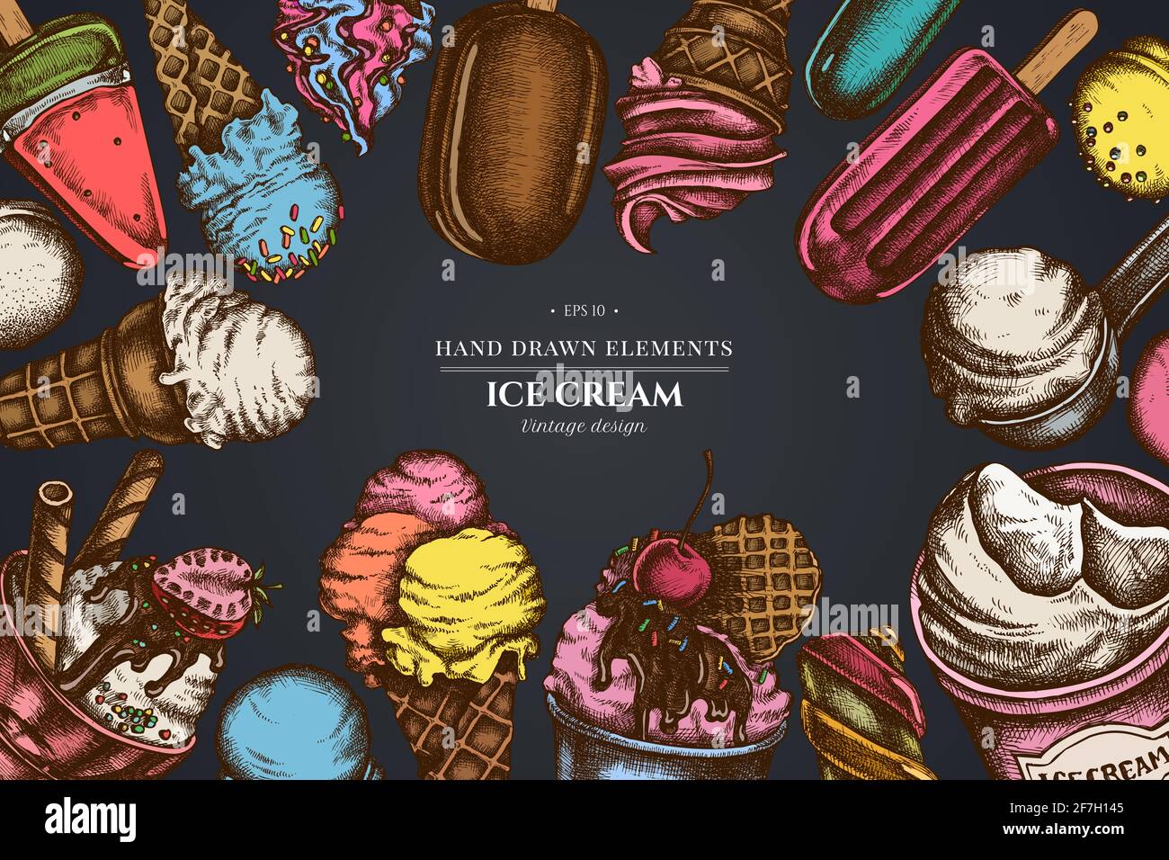 Design on dark background with ice cream bowls, ice cream bucket