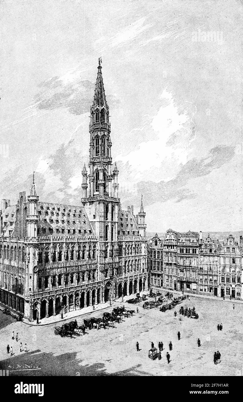 Town Hall and the Grand Place, a masterpiece of civic gothic architecture, Brussels, Belgium, Europe Stock Photo