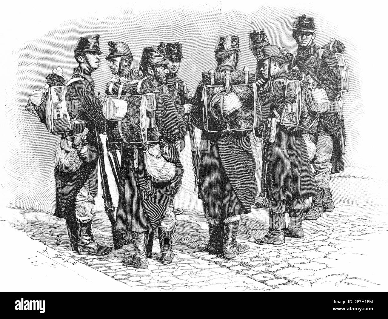 Group of soldiers of the same regiment in their outdoor dress waiting for orders with their rucksacks packed, Brussels, Belgium, Europe Stock Photo