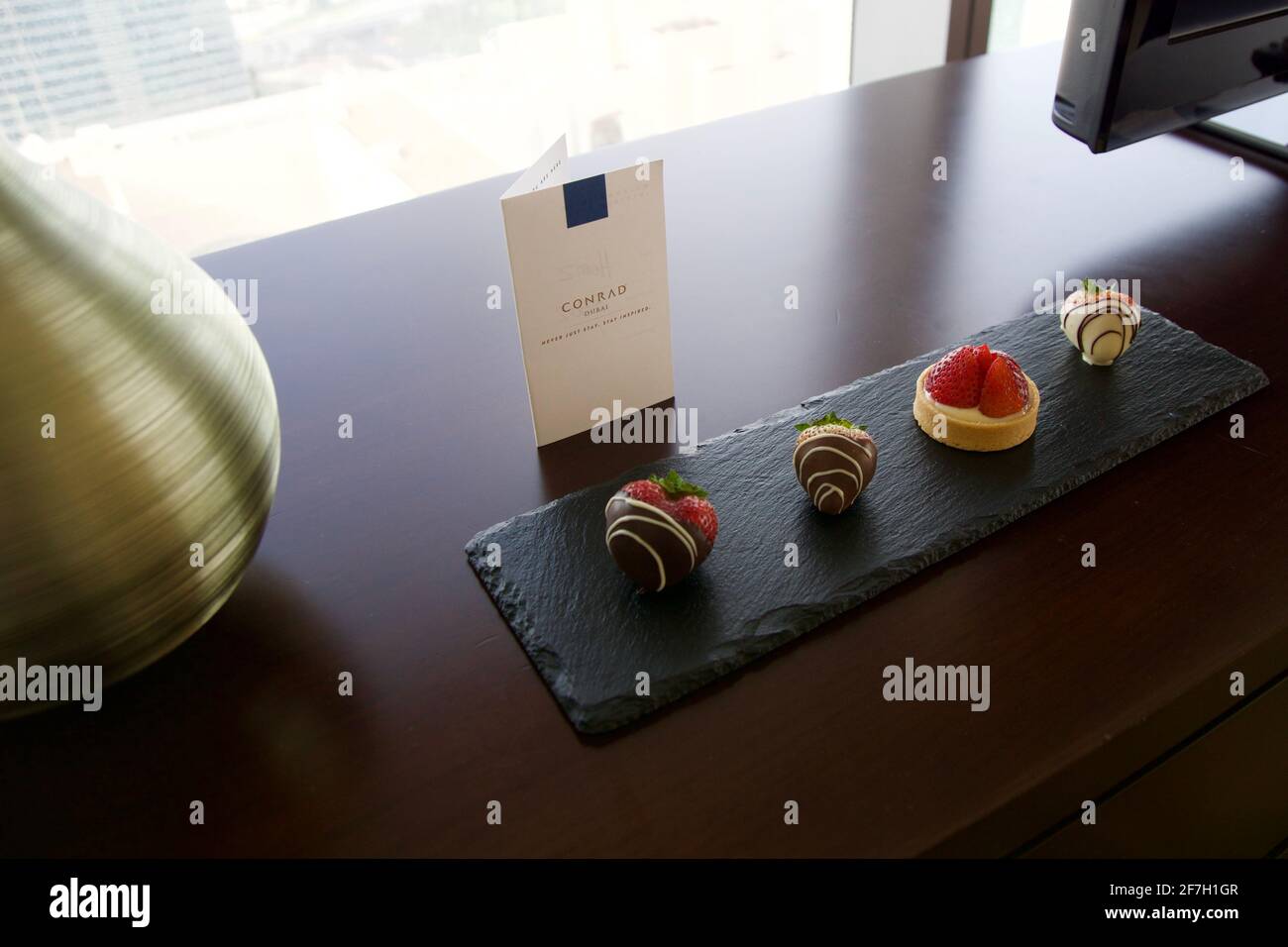 DUBAI, UNITED ARAB EMIRATES - JUN 16, 2019: Welcome snack at luxury hotel Stock Photo