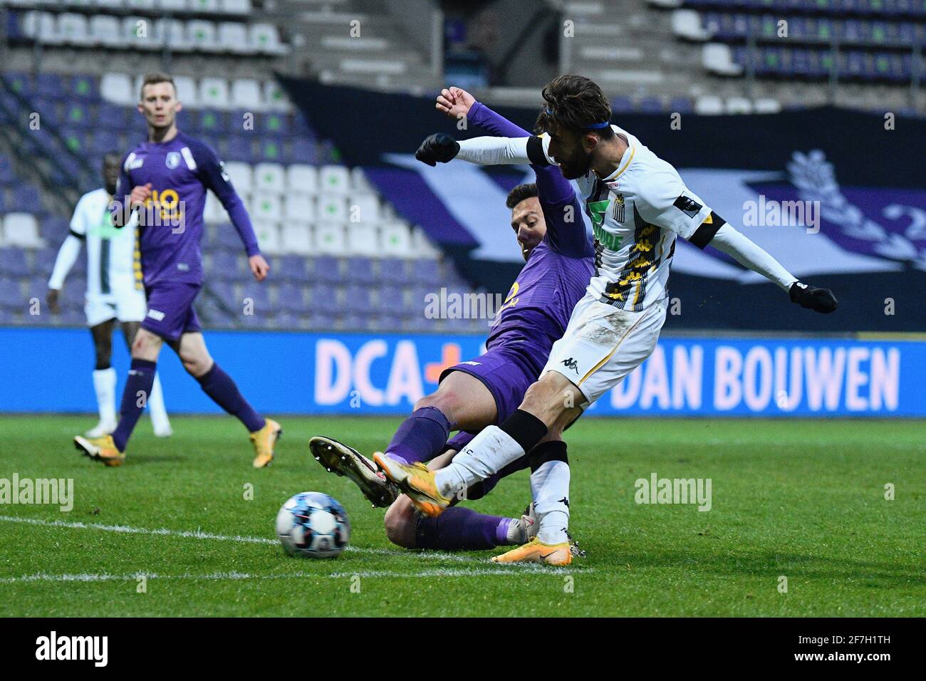 Beerschot's Stipe Radic and Charleroi's Ali Gholizadeh fight for the ball during a postponed soccer match between Beerschot VA and Sporting Charleroi, Stock Photo