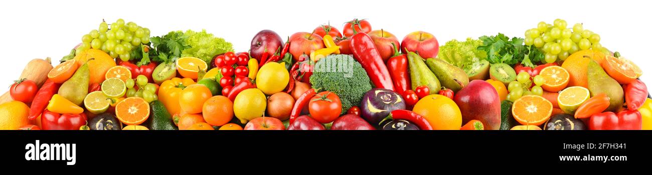 Panoramic collection of fresh fruits and vegetables isolated on white background. Stock Photo