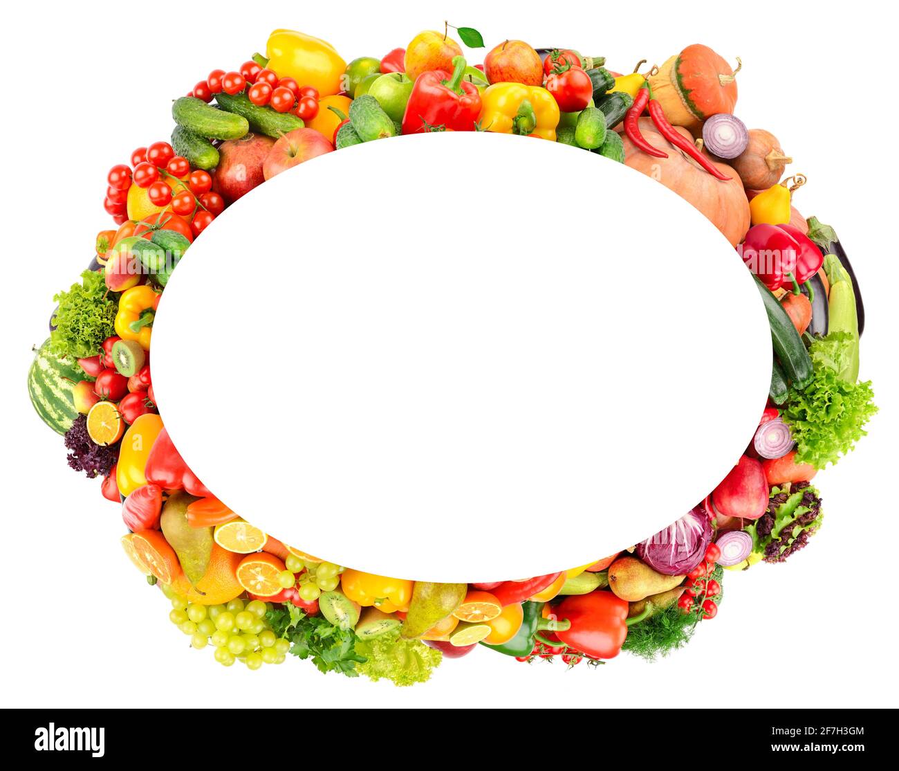 Oval frame from ripe vegetables and fruits. Copy space Stock Photo