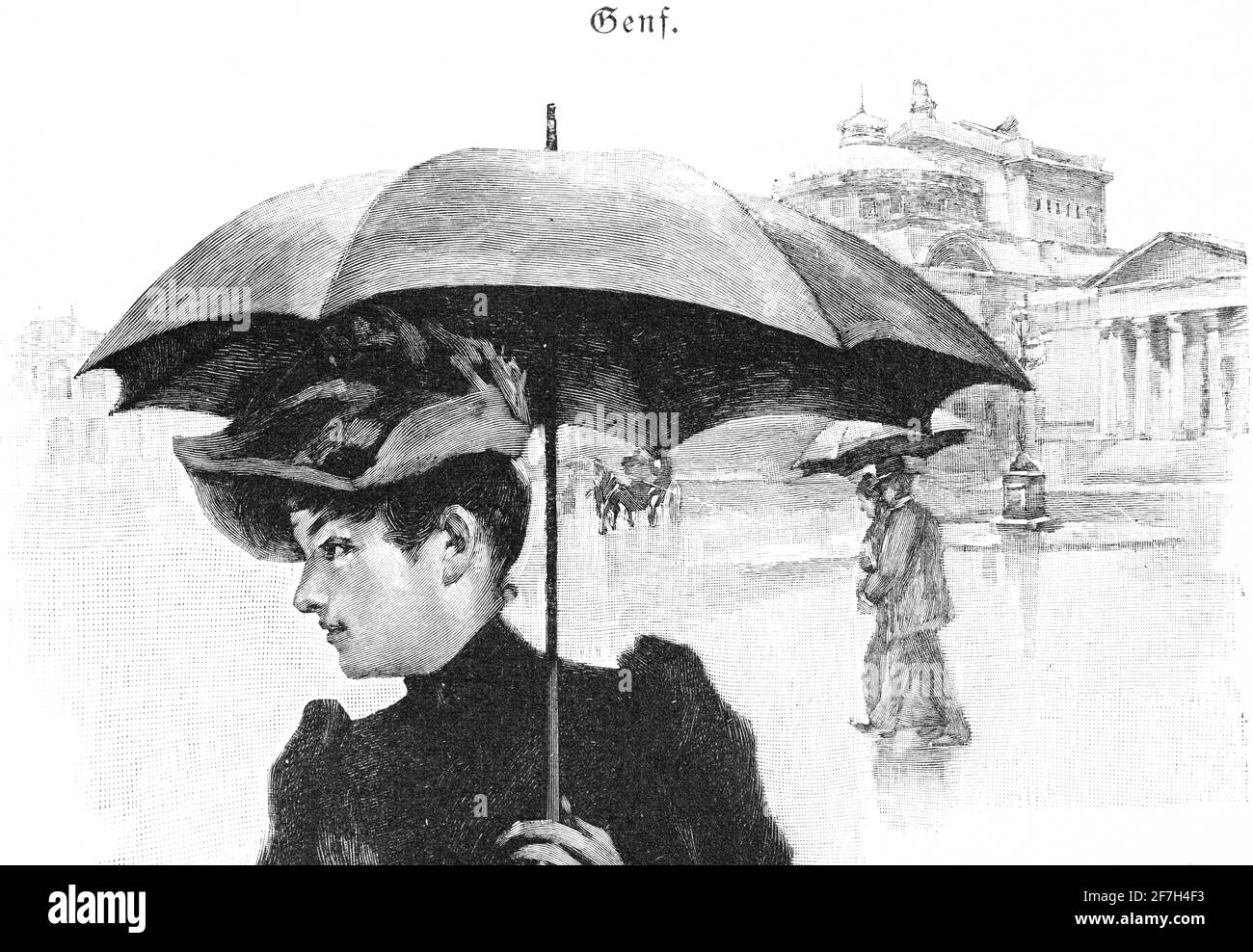 A young, modern Genevan woman in her Sunday dress walking with a sunshade umbrella, Geneva, Switzerland Stock Photo