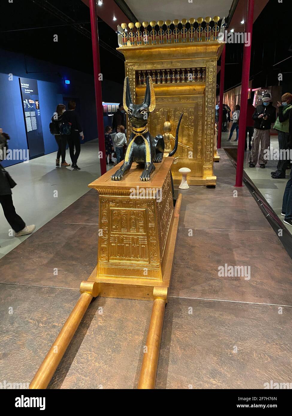 Exhibition of Tutankhamun in Zurich during pandemic time. Tomb and treasures with golden cow and black Anubis as replicas from egypt pharaoh Tutankham Stock Photo