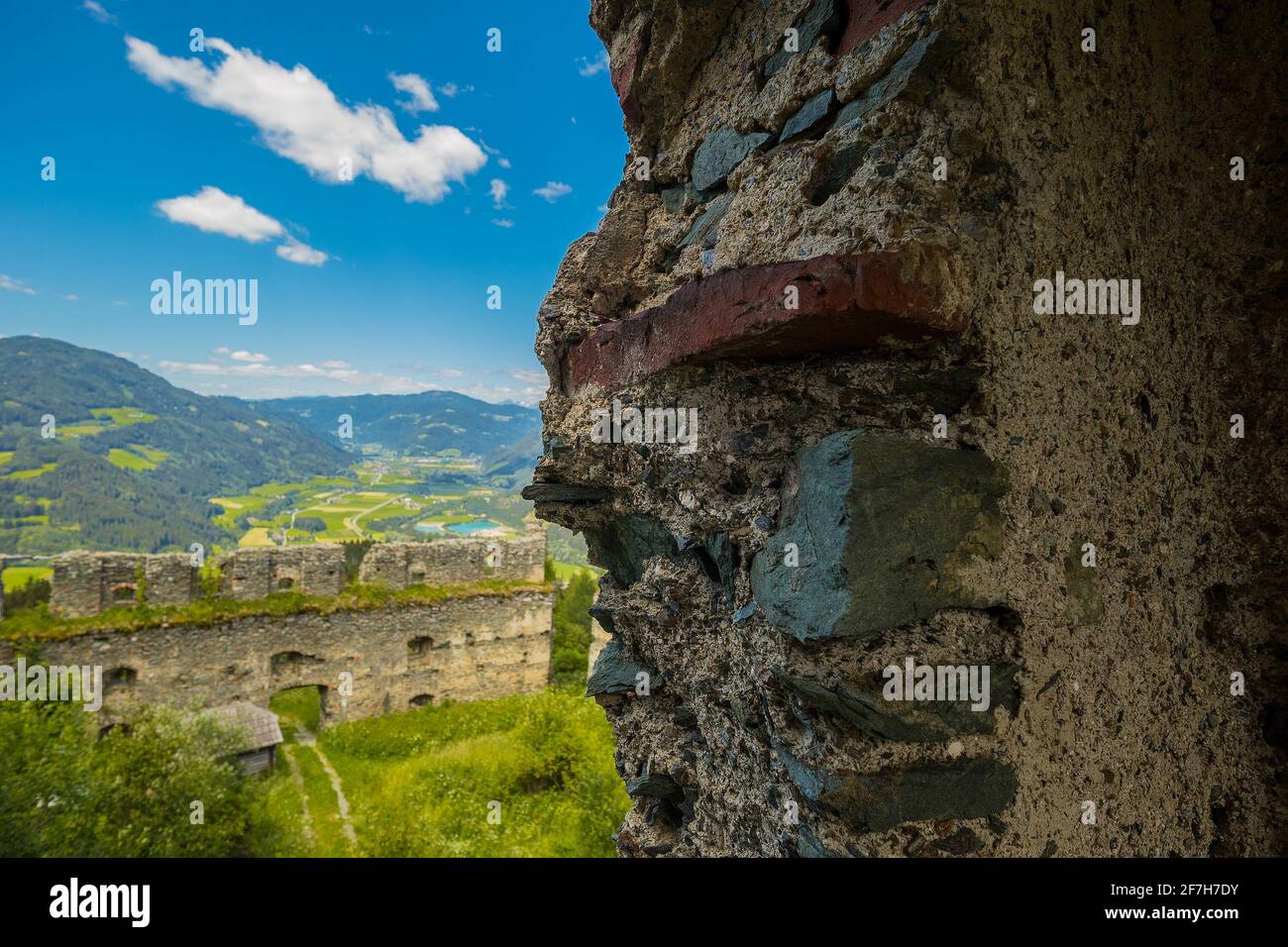 Detgail of Steinschloss castle ruins wall, rising above the mura valley in styria, Austria. Medieval ruins in Austria on a sunny day. Stock Photo
