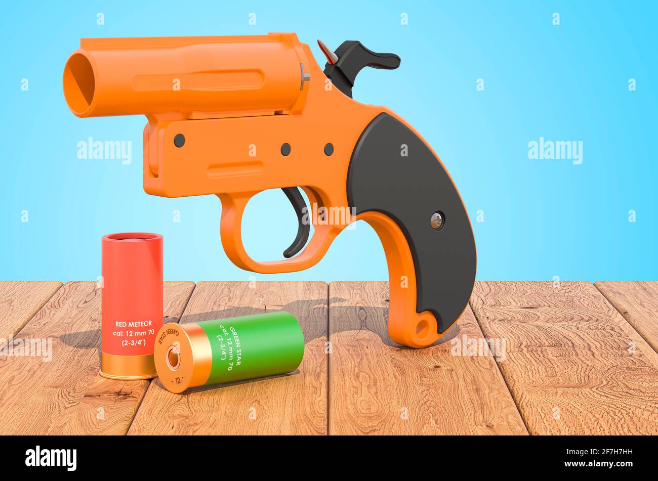 Flare gun with aerial flares on the wooden planks, 3D rendering Stock Photo