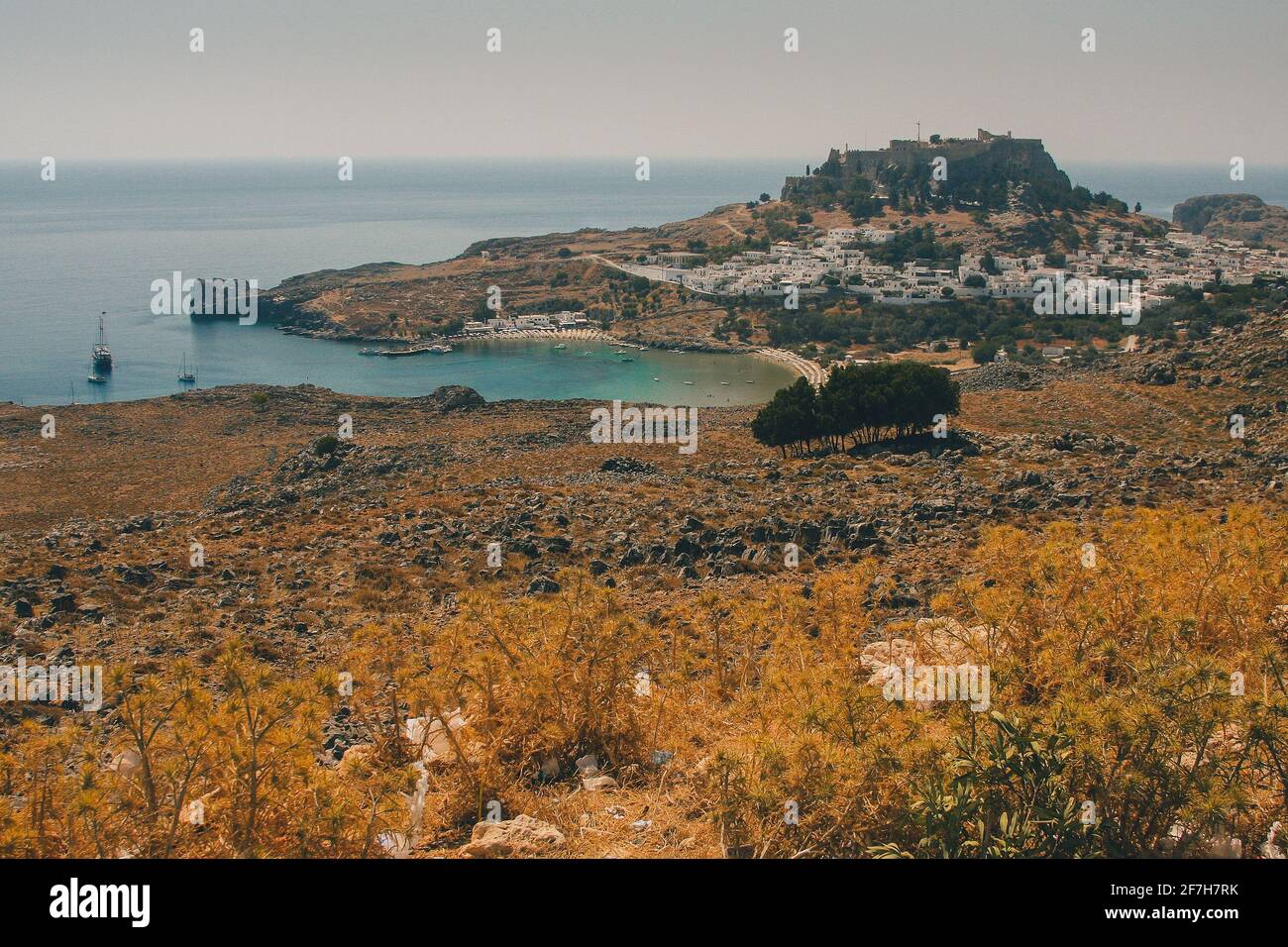 Panorama of the city of Lindos, a greek Gem on Rhodes island on a warm ...