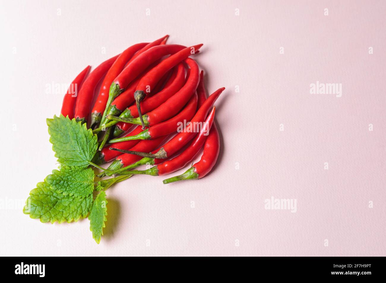 Slide of red chili peppers with green leaves on a light background ...