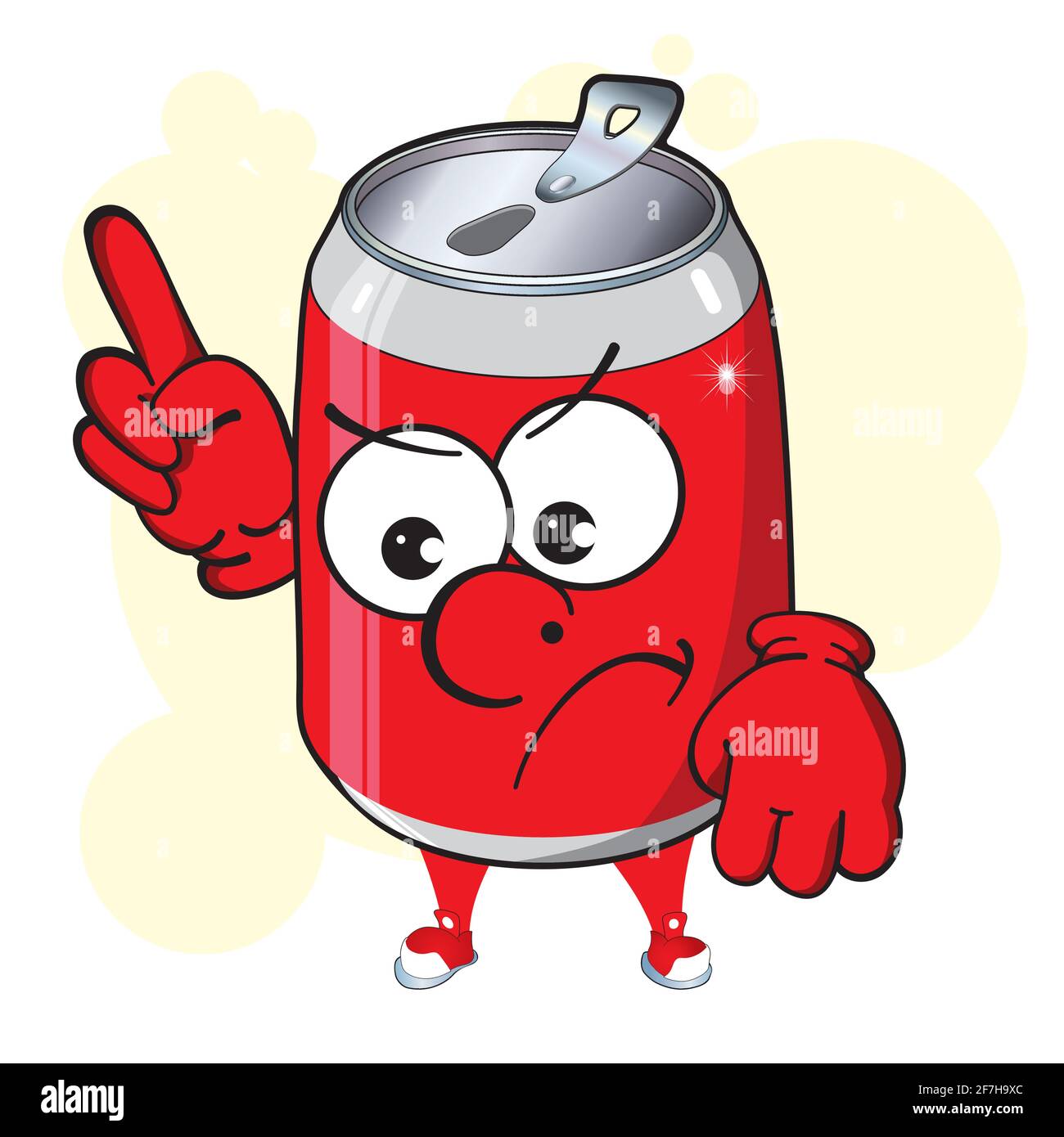 Aluminum can cartoon mascot. Image of funny red can of fizzy drink. Drink, soda, cola, beer. Stock Vector