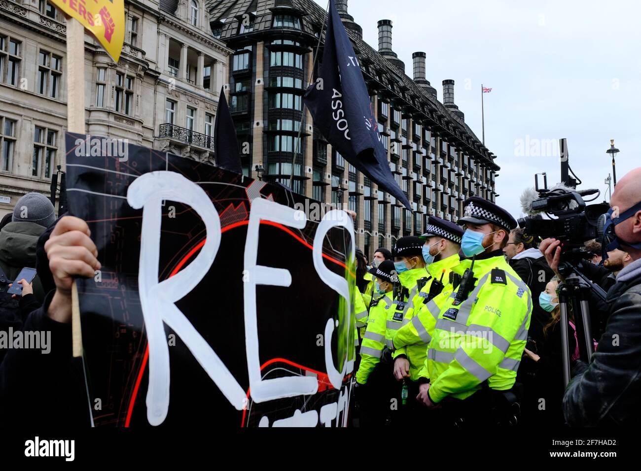 LONDON - 3RD APRIL 2021: Kill the Bill protest against the proposed Police, Crime, Sentencing and Courts Bill that the government are trying to pass. Stock Photo