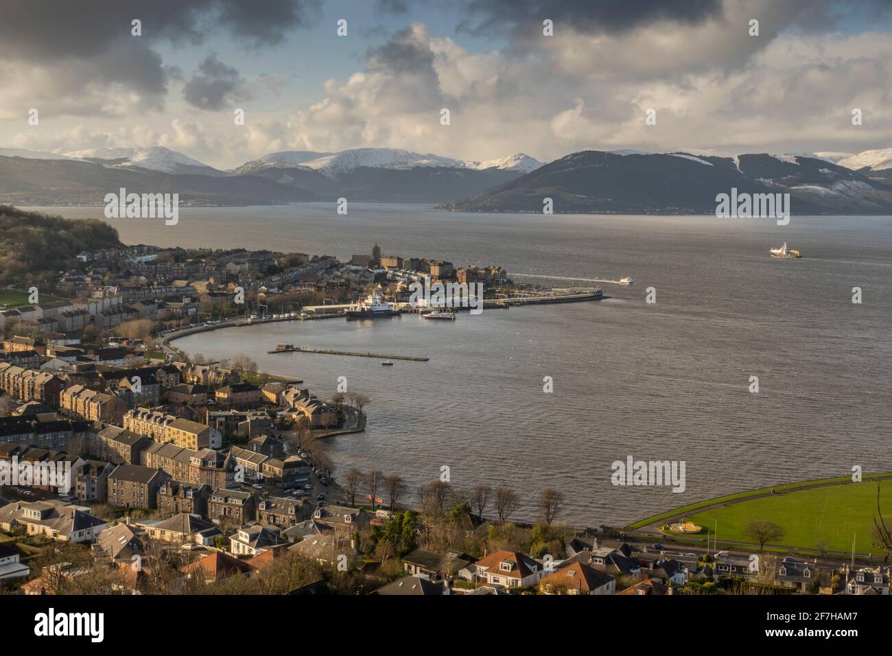 The Argyle hills and Princes Pier Gourock from Lyle Hill Greenock Stock Photo