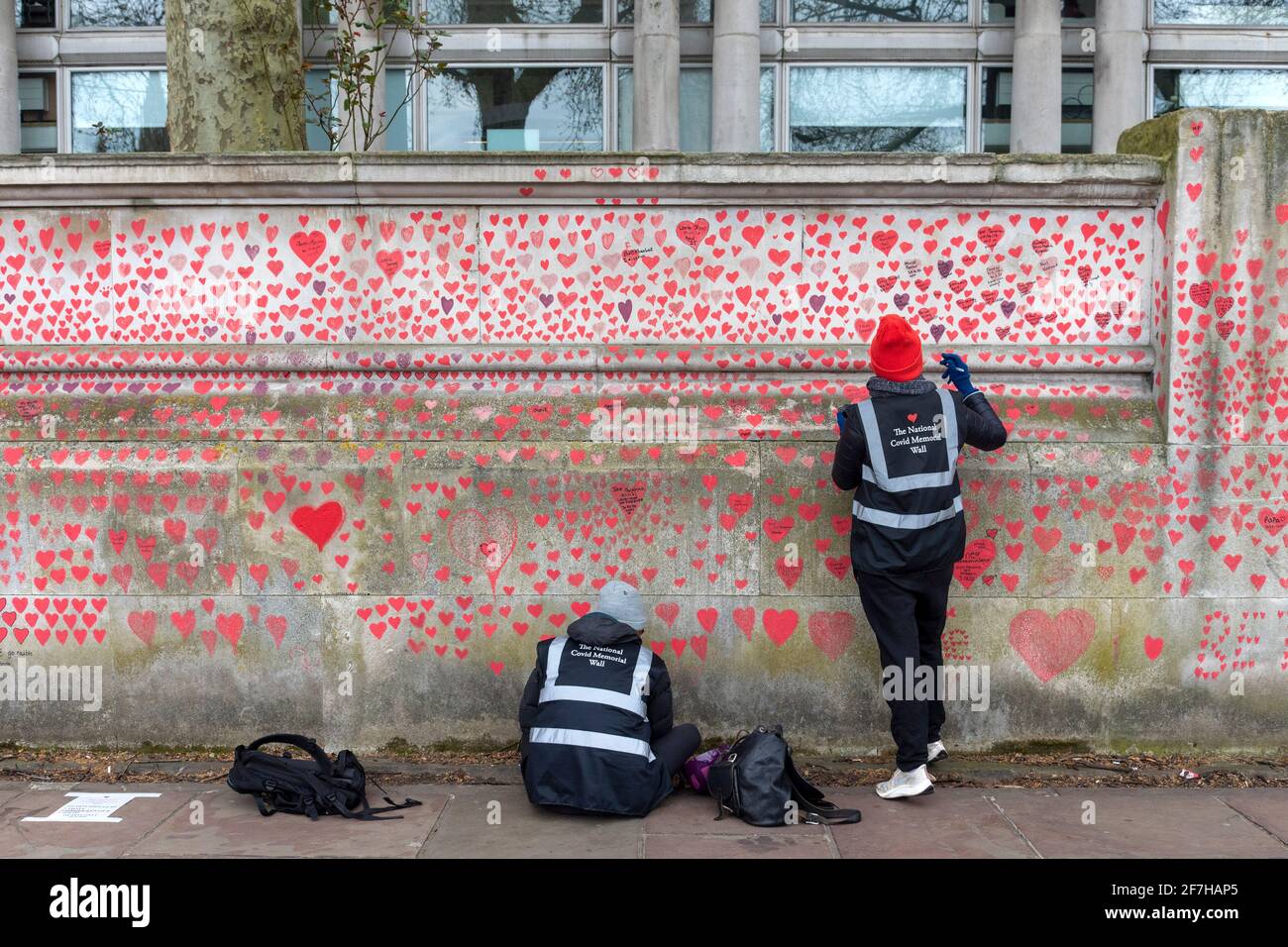 Volunteers paints red hearts on the National Covid Memorial Wall.The wall is adjacent to St Thomas' Hospital and is being hand-painted with 150000 hearts to honour UK Covid-19 victims, it stretches over 700 metres long. Stock Photo