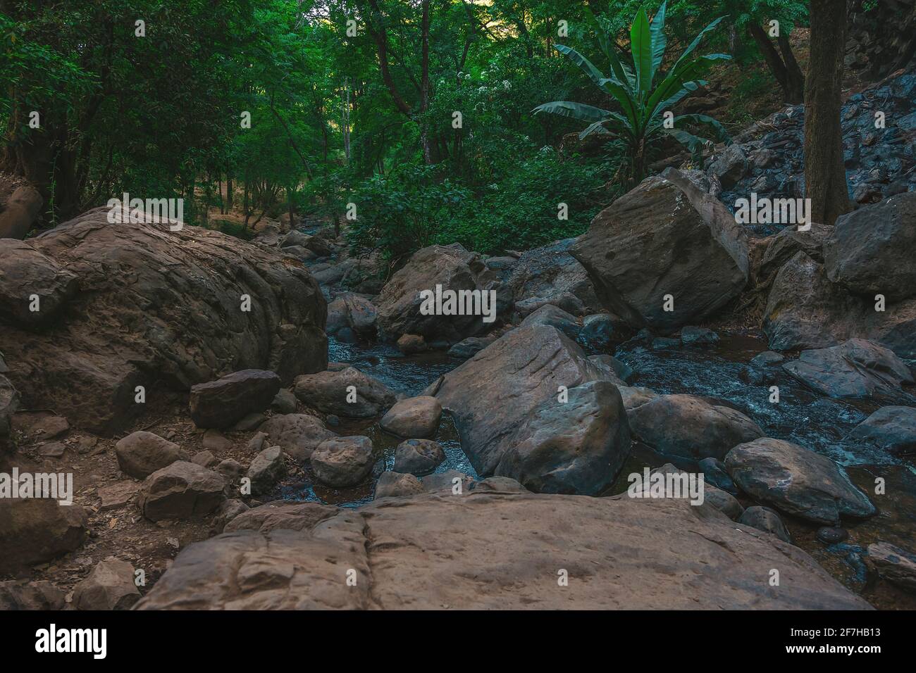 The wild landscape of a rivers with rocks. The river flows through the fall of the Velo de Novia waterfall. View of the rocks of the forest river in t Stock Photo