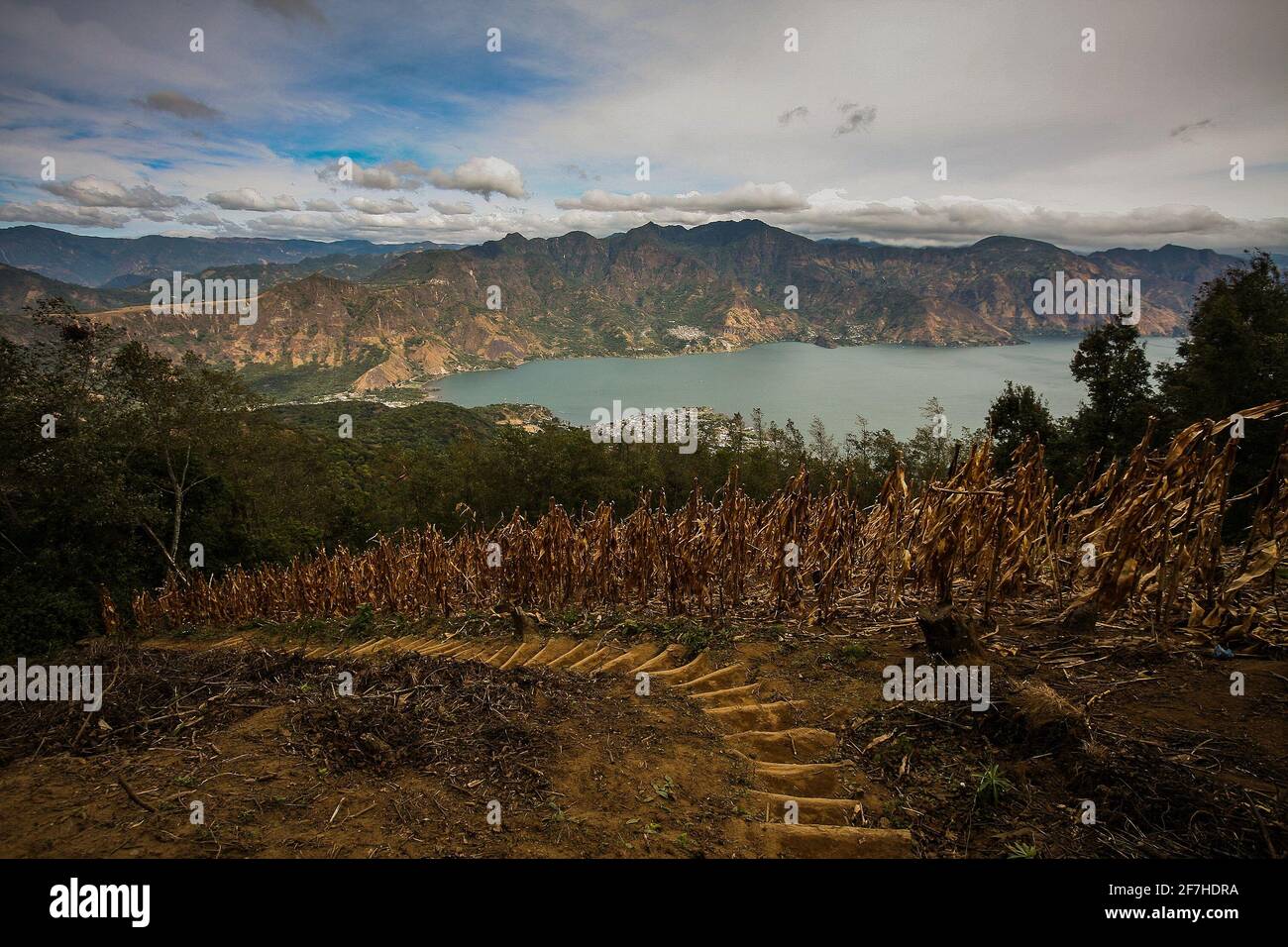 Panorama of Lago de Atitlan or Atitlan lake as seen from descending from the San Pedro volcano. Villages of San Pedro and Panajachel are seen. Stock Photo