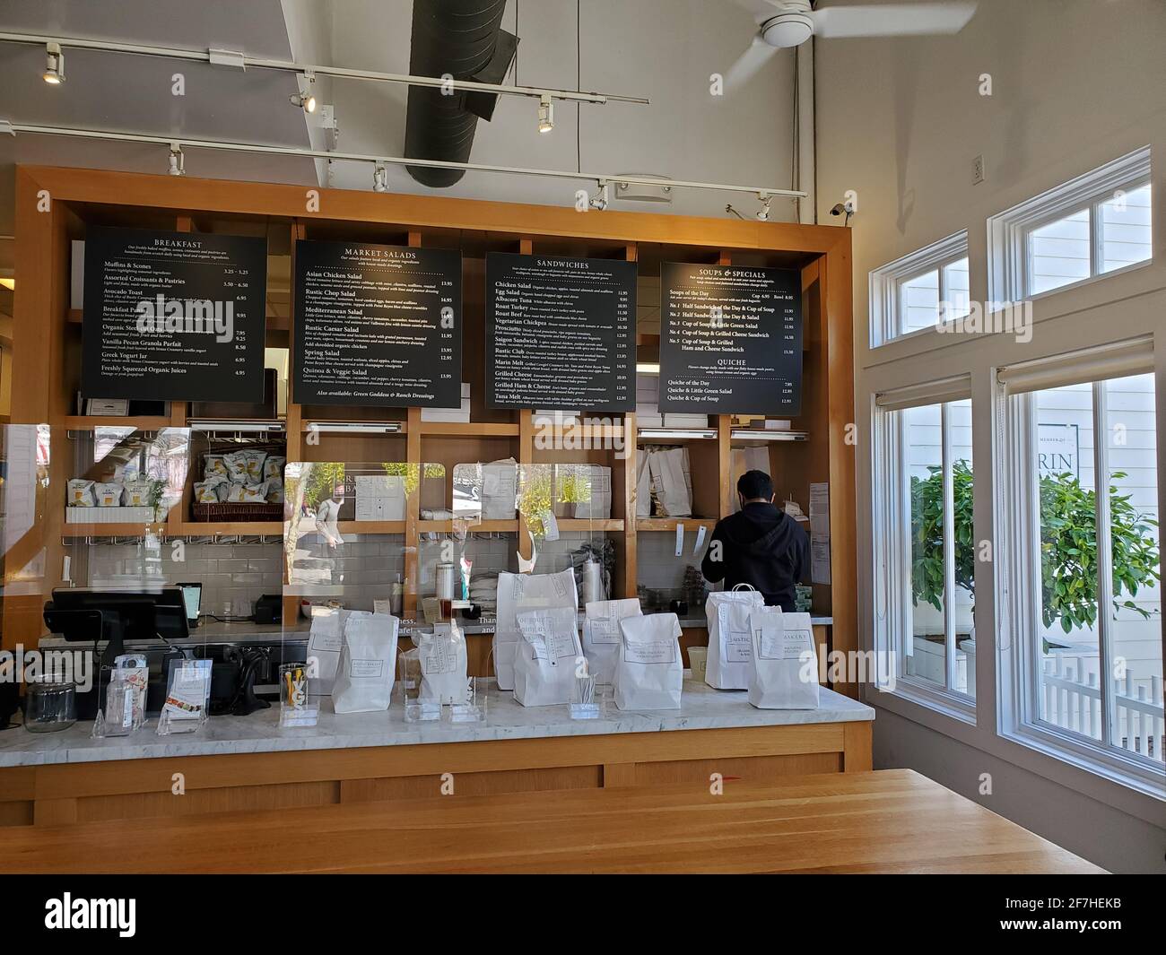 USA. 13th Feb, 2021. Front view of the interior of the Rustic Bakery