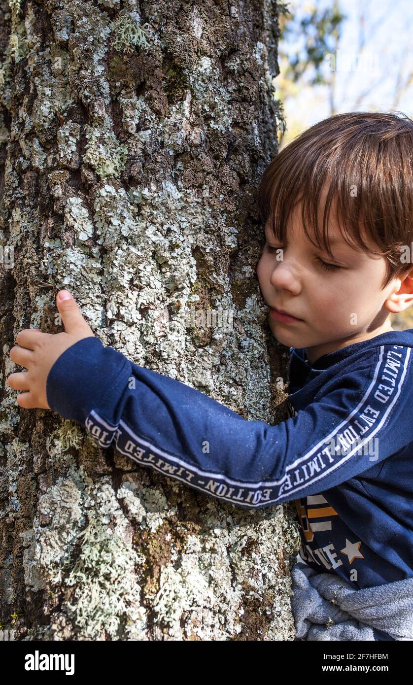 Little boy hugs tree trunk. Children love nature concept Stock Photo
